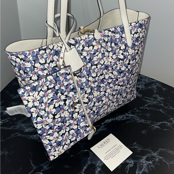 LAUREN RALPH LAUREN Bag Leather Print Tote Purple Vanilla/Breeze Floral w Pouch - Picture 6 of 14